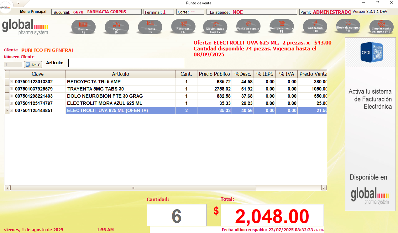 Pantalla del punto de venta de Global Pharma System