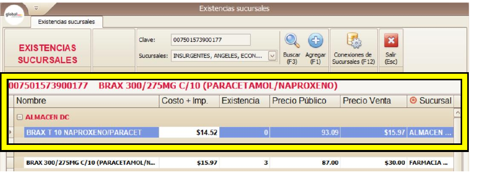 Pantalla de existencias en sucursales